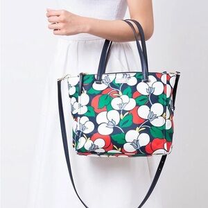 Floral Print Tote Bag in Navy, Red & Green
